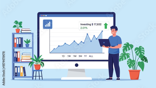 Business Growth Visualization: Investor Analyzing Stock Chart On Large Computer Screen