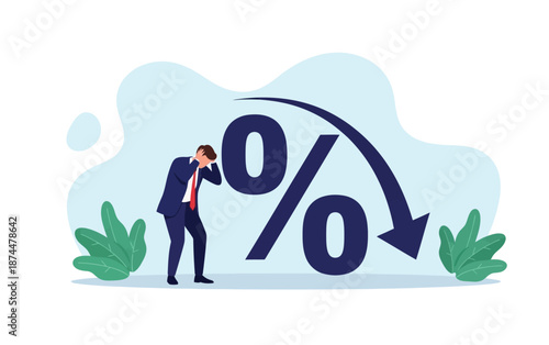 Stressed Businessman Facing Declining Percentage Arrow Symbolizing Financial Downturn and Market Pressure
