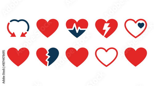 Set of heart symbols with various styles and emotions