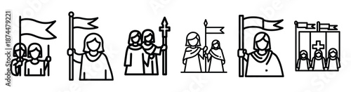 biblical faith march Line art illustration isolated on white background of palm sunday icons