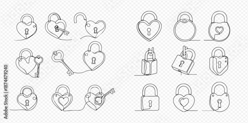 Continuous line drawing of various padlocks and keys, including heart-shaped designs, symbolizing security and love.