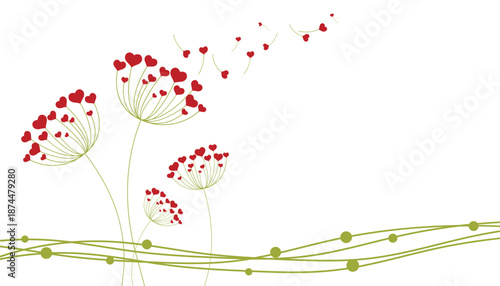 Dandelion with hearts. Happy Valentine's day greeting card. Lovely romance flower. Congratulation with Love. Valentine's day Vector illustration background.