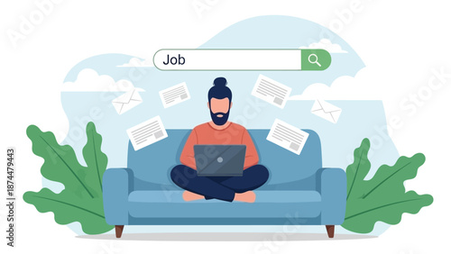 Online Job Search: Busy Person Working on Laptop on Sofa with Search Bar Above