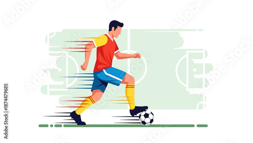 Dynamic soccer player dribbling ball on field illustration.