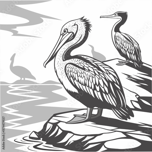 Black and white of pelicans on a rocky shore birds