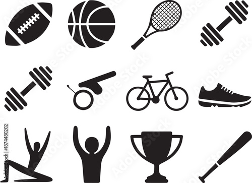 Sport icons set, vector athletics and fitness symbols collection including football, basketball, running, gym, and outdoor sports elements in flat minimalist style isolated on white background