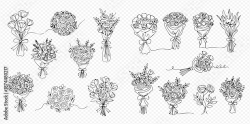 Set of hand-drawn flower bouquets in various styles, perfect for gifts and celebrations.