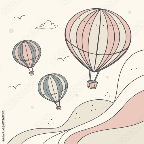 Soft pastel hot air balloons floating in sky pastel colors