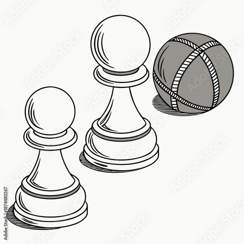 Minimalist of two white chess pawns and a gray baseball