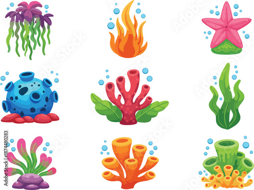 Set of colorful coral reef characters and marine life including sea sponges starfish and underwater plants isolated on white background vector