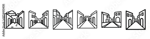 biblical street scene Line art illustration isolated on white background of palm sunday icons