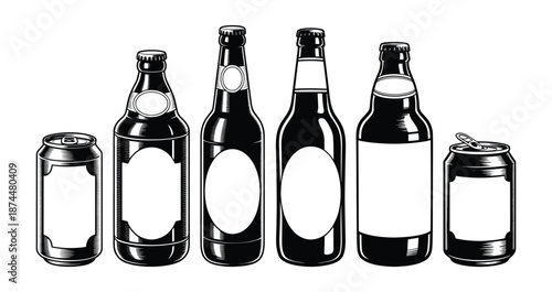 Beer bottles and aluminum can set, Beverage beer Can Silhouette, Vector illustrations of various beer bottles and aluminum cans in a vintage monochrome style