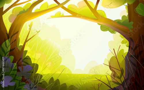 A bright forest clearing with sunlit trees leaves, and green grass magical outdoor scenery. Woodland meadow empty landscape. Hand drawn vector cartoon illustration for kids and children.