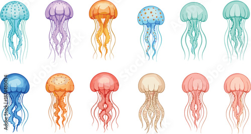 Set of colorful jellyfish characters with floating tentacles in various translucent shades including blue pink orange and purple isolated on white background