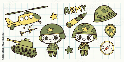 Cute Chibi Army Soldiers and Military Vector Illustration Set