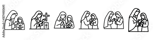 christian devotion scene Line art illustration isolated on white background of palm sunday icons