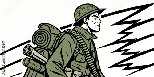 Military Soldier with Backpack and Ammo Bandolier Illustration
