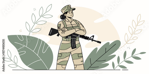 Confident Female Soldier in Camouflage Uniform Vector Illustration
