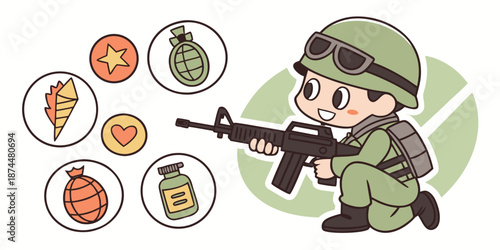 Cute cartoon soldier with rifle and game equipment icons