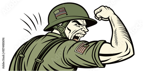 Powerful American Soldier Flexing Muscle Vector Illustration