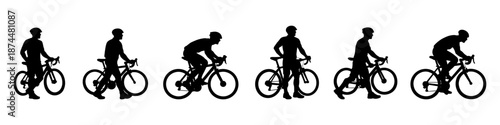 Cyclist silhouettes riding and walking with bicycle in black. Set of road cycling poses in side view