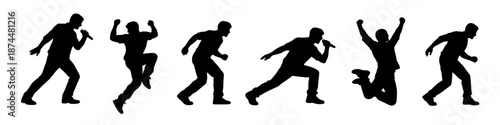 Singing and dancing performer silhouettes in black. Set of stage movement and celebration poses