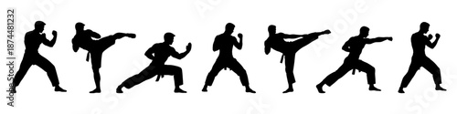 Martial arts fighter silhouettes performing kicks and punches in black. Set of karate combat poses