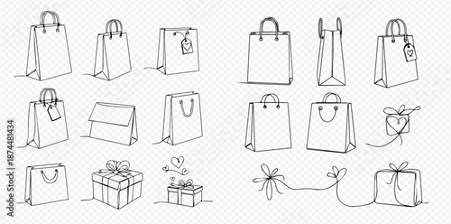 Set of various hand-drawn shopping bags and gift boxes in continuous line art style, isolated on a transparent background.