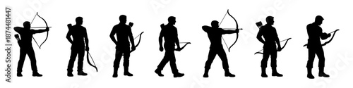 Archer silhouettes aiming with bow in black. Set of archery poses holding bow and arrows