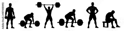 Weightlifting athlete silhouettes training in gym in black. Set of strength exercises with barbell and dumbbells