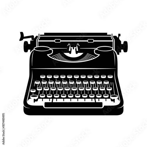Solid Black Silhouette of an Antique Typewriter, Classic Writing Device Icon