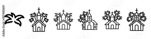 church gathering palms Line art illustration isolated on white background of palm sunday icons