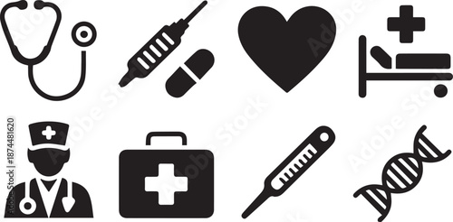 Medical icons set, vector healthcare and hospital symbols collection including doctor, nurse, medicine, diagnostics, first aid, and medical equipment in flat minimalist style isolated on white backgro