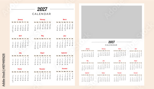 Set of simple calendars for 2026 in English with an illustration template