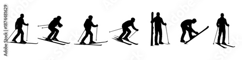 Skier silhouettes in motion on snow in black. Set of downhill and freestyle skiing poses