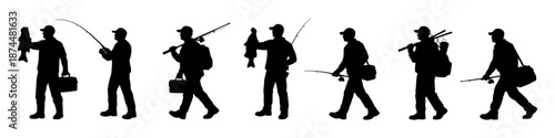 Fishing man silhouettes in black. Set of fishers silhouettes and equipment