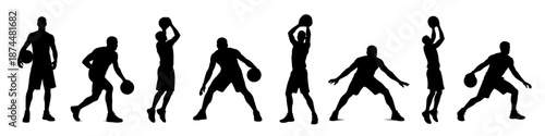 Basketball player silhouettes in action in black. Set of dribbling, shooting, and defense poses
