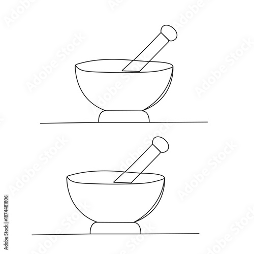 Continuous line drawing of a mortar and pestle pharmacy symbol on a white background vector illustration
