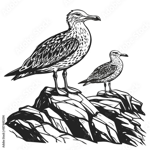Black and white of two shorebirds on rocks seagulls