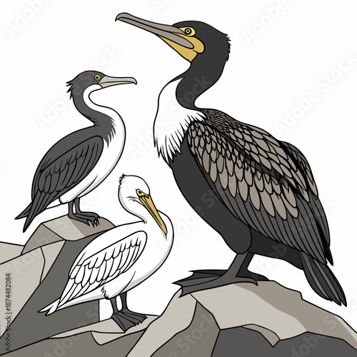 Black and white aquatic birds on rocks cormorants pelicans