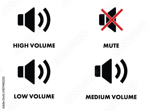 Audio volume control icons displaying high, mute, low, and medium settings isolated on white background