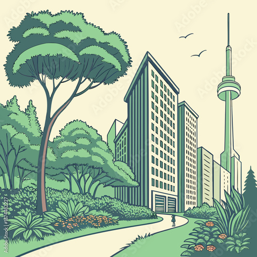 Green Toronto cityscape with C N Tower and park CN Tower