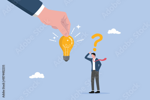 Business problem, job and career path concept, decision making and solution, idea, confusing businessman stand with question mark sign then helping hand put lightbulb lamp for bright solution.