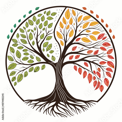 Minimal tree with seasonal leaves on transparent background