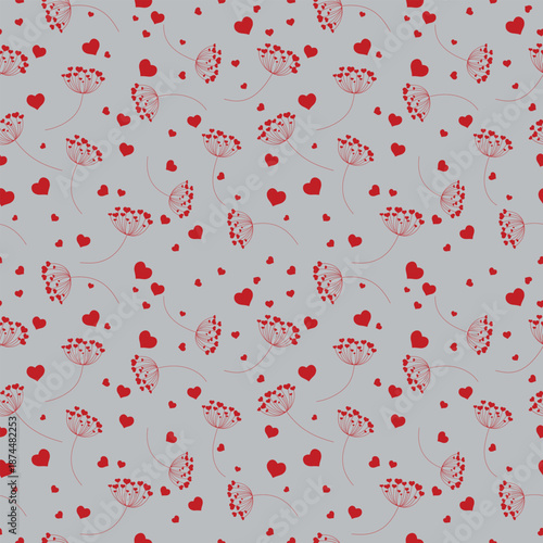 Seamless pattern of dandelion flowers with hearts on isolated background. Design for Valentines Day, Wedding, Mothers day celebration, greeting cards, invitations, scrapbooking, home decoration.