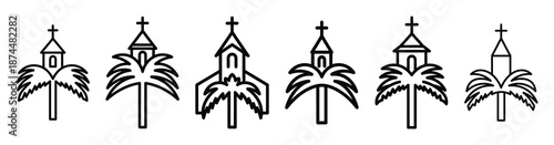 church palm sunday Line art illustration isolated on white background of palm sunday icons