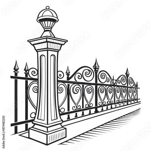Black and white of ornate wrought iron fence with post