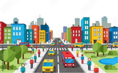 Colorful vector city street scene buses taxis cars pedestrians buildings skyline.