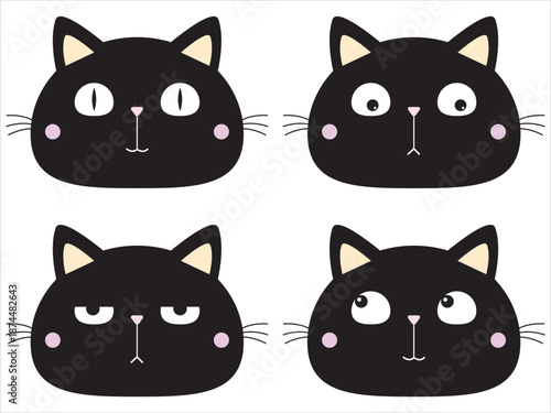 Cat round face set. Black silhouette icon. Kitten with big yellow, blue, green eyes. Cute cartoon funny pet character. Pink ears, nose, cheek. Funny kawaii animal. Flat design. White background Vector