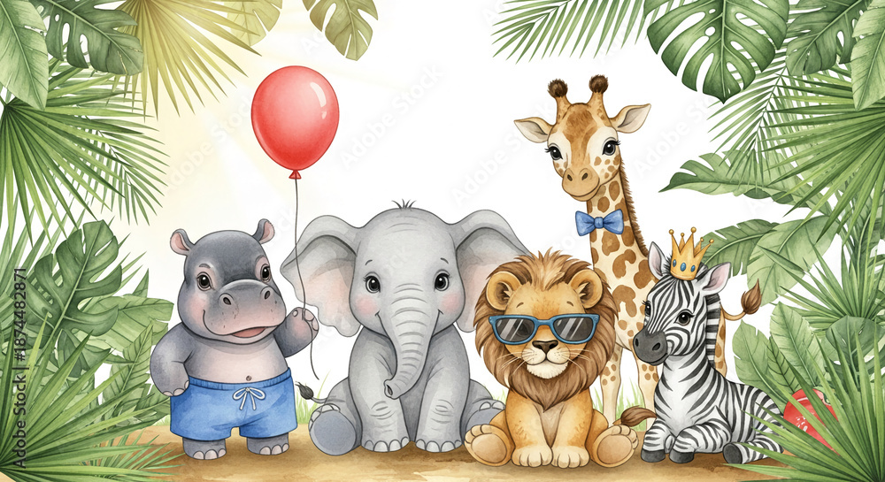 Fototapeta premium Watercolor illustration of baby animals: hippo, elephant, lion, giraffe, zebra, surrounded by jungle leaves, symbolizing innocence, nature and friendship